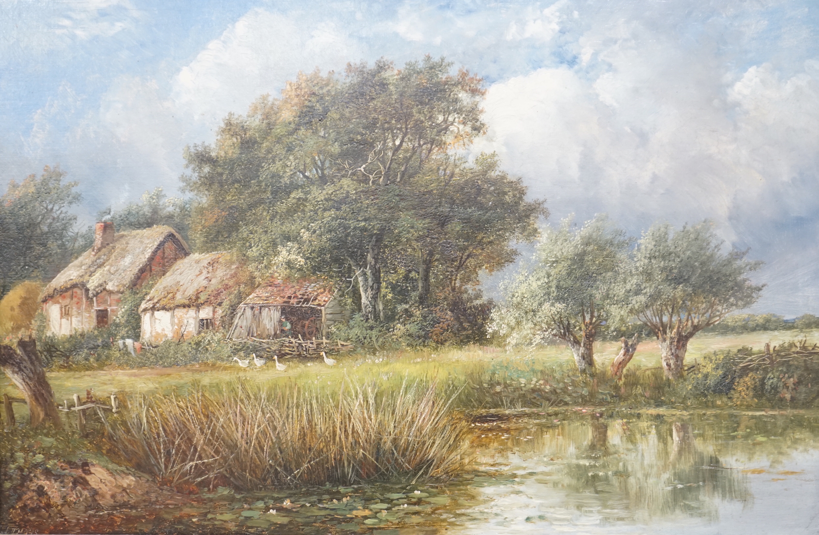 Joseph Thors (1835-1920), oil on canvas, Ducks by a cottage, signed, 39 x 59cm